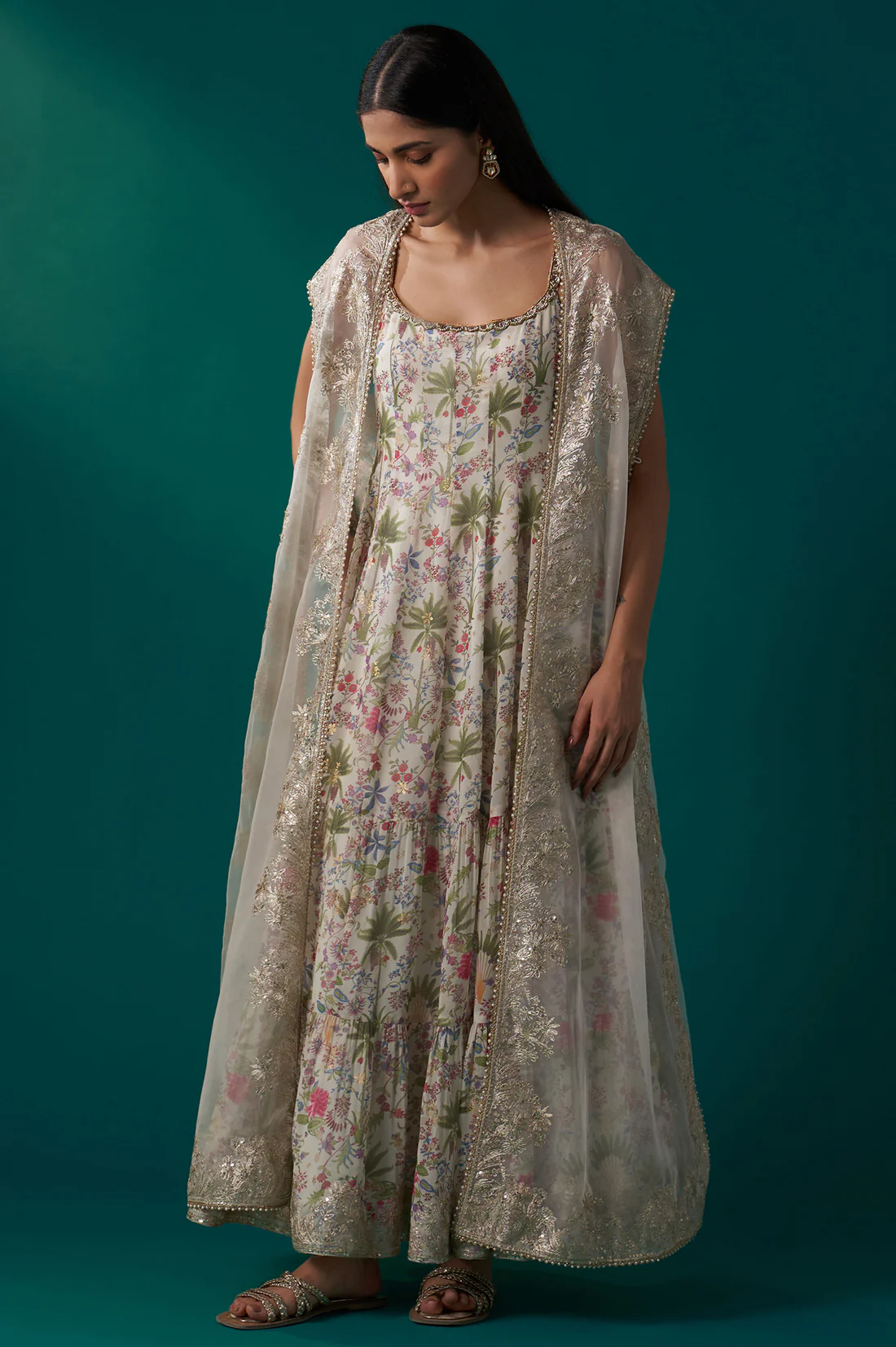 White Floral Printed Anarkali Dress and Embroidered